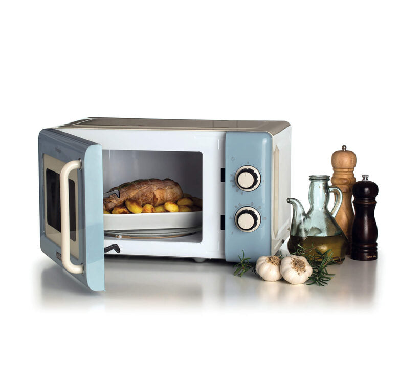 Ariete Linea Vintage 3960 Forno a microonde Vintage, 800W, Capacità 20L, 3 funzioni, 6 livelli di cottura, Timer, Celeste