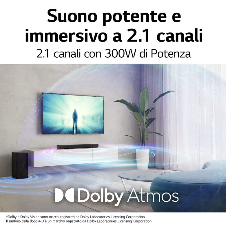 LG Soundbar S60Q 300W 2.1 canali, Dolby Atmos Virtual, 4K Pass Through