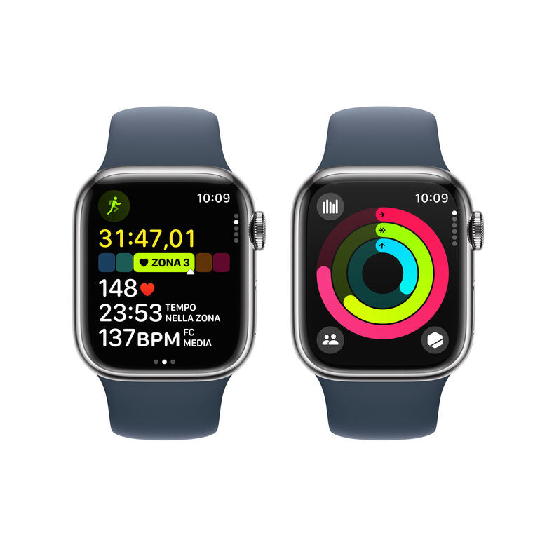 Apple Watch Series 9 GPS + Cellular Cassa 41mm in Acciaio inossidabile con Cinturino Sport Blu Tempesta - M/L