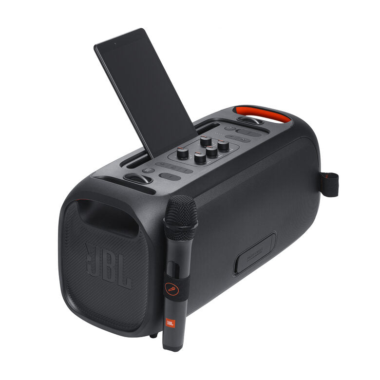 JBL PartyBox On-the-Go Essential Speaker Portatile Wireless per Feste, con Luci Integrate e Bassi Profondi, Protezione Splashproof IPX4, Microfono Wireless, Tracolla per Trasporto, Nero