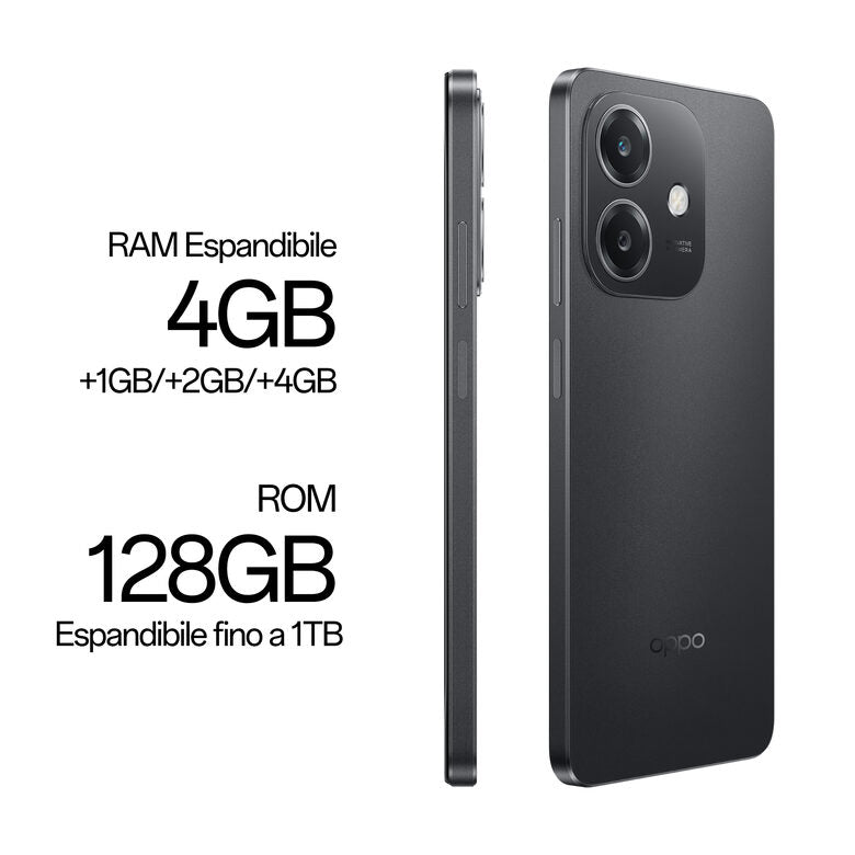 OPPO A40 Smartphone, Fotocamera AI 50MP, Selfie 5MP, Display 6.67” 90HZ LCD HD+, 5100mAh, RAM 4 Esp 8GB (+4GB Virtuali) +ROM 128GB, IP54, [Versione Italia], Sparkle Black