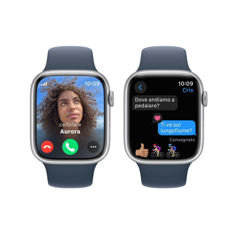 Apple Watch Series 9 GPS + Cellular Cassa 45mm in Alluminio Argento con Cinturino Sport Blu Tempesta - S/M
