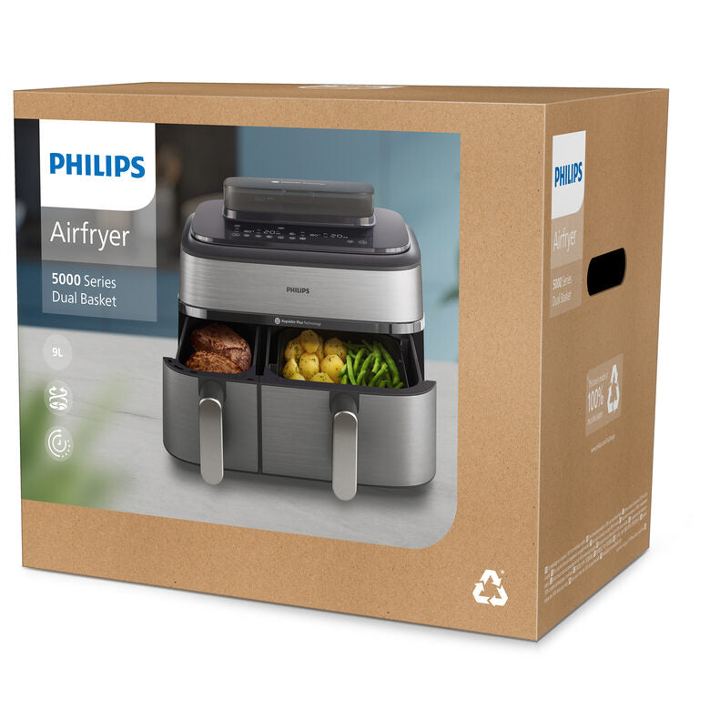 Philips NA555/00 Friggitrice ad Aria doppio cestello con cottura a vapore, 5000 series, 9 litri, 19 metodi di cottura, App per ricette
