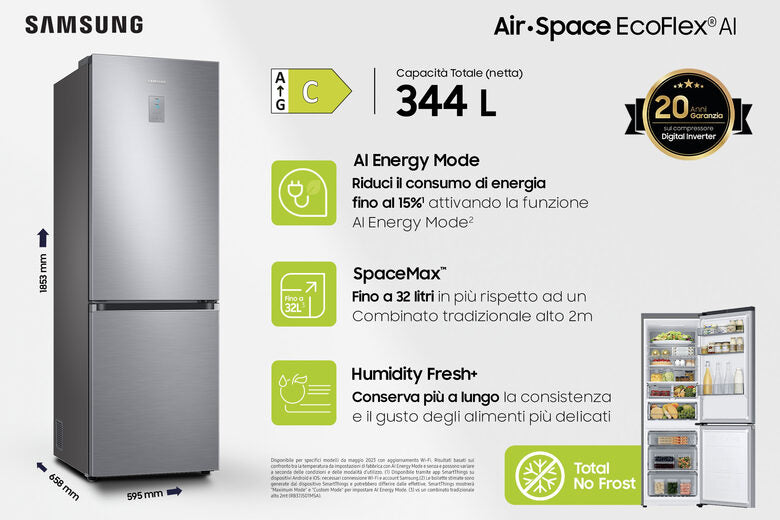 Samsung RB34C775CS9 Frigorifero Combinato EcoFlex AI 1.85m 344L