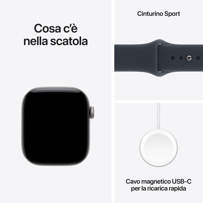 Apple Watch Series 12 GPS, cassa 42 mm in alluminio grigio siderale con cinturino Sport blu marino - S/M