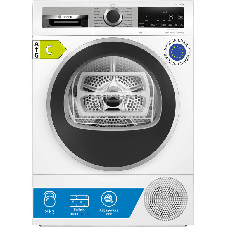 Bosch WQG245D0IT Serie 6 Asciugatrice A Libera Installazione 9 Kg, Pompa Di Calore, Condensatore Autopulente, Auto Dry, Classe C, Bianco