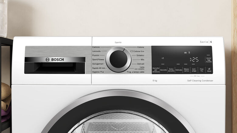Bosch WQG245D0IT Serie 6 Asciugatrice A Libera Installazione 9 Kg, Pompa Di Calore, Condensatore Autopulente, Auto Dry, Classe C, Bianco