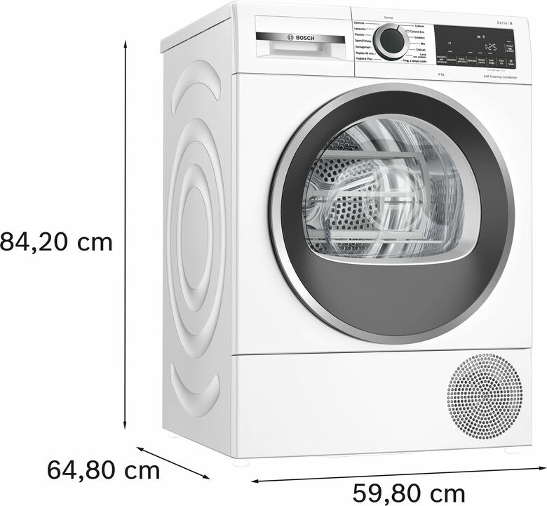 Bosch WQG245D0IT Serie 6 Asciugatrice A Libera Installazione 9 Kg, Pompa Di Calore, Condensatore Autopulente, Auto Dry, Classe C, Bianco