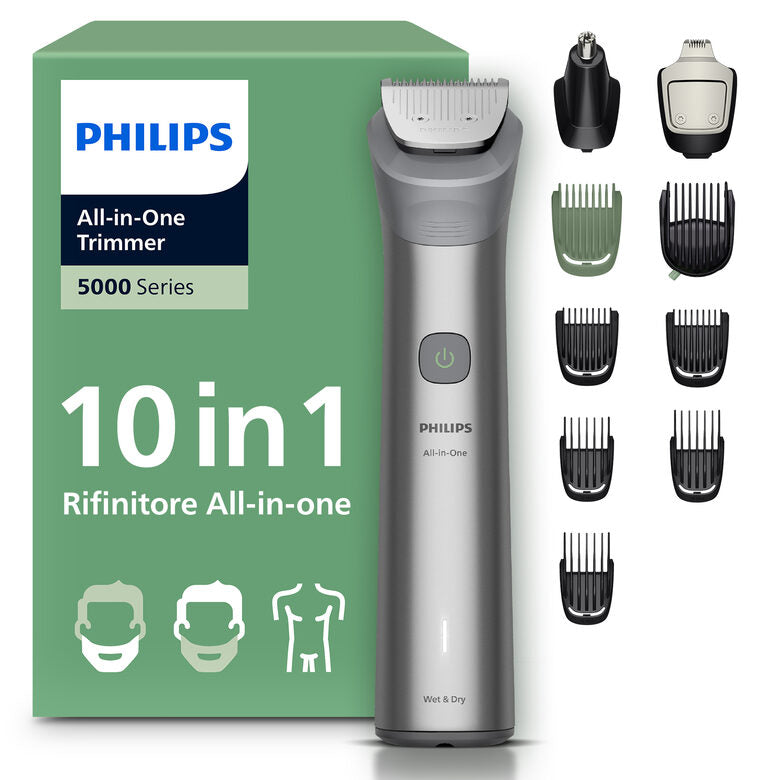 Philips All-in-One Trimmer Series 5000 MG5921/15 – Regolabarba e Tagliacapelli Multifunzione 10 in 1, Wet & Dry, Grigio Chiaro -