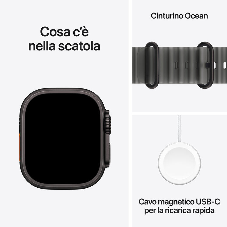 Apple Watch Ultra 4 GPS + Cellular, Cassa 49 mm in titanio nero con cinturino Ocean nero traslucido