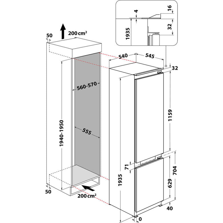Whirlpool WHKN 3283 B4E Frigorifero combinato a incasso, Total No Frost ventilato, 55 cm, Classe E, Bianco, 37 db, h 194cm