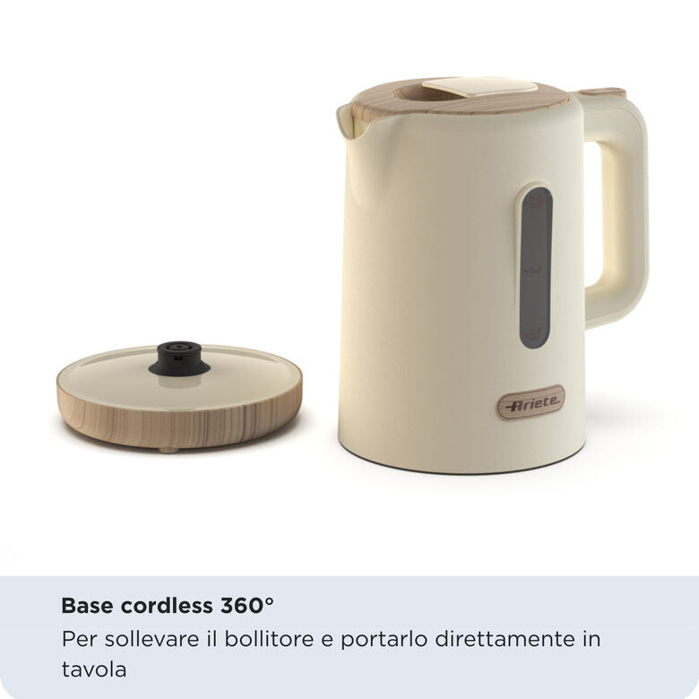 Ariete 2846 Bollitore Breakfast Wood, Bollitore Elettrico Cucina, 2200W, Capacità 1.7L, Effetto Legno, Base Cordless 360°, Spegnimento Automatico, Beige