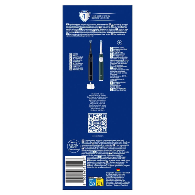 Oral-B iO 2 Spazzolino Elettrico Oral B, Nero e Verde, 1 Testina Di Ricambio, 2 Spazzolini, Delicato sulle Gengive, Efficace sulla placca, Sensore di Pressione