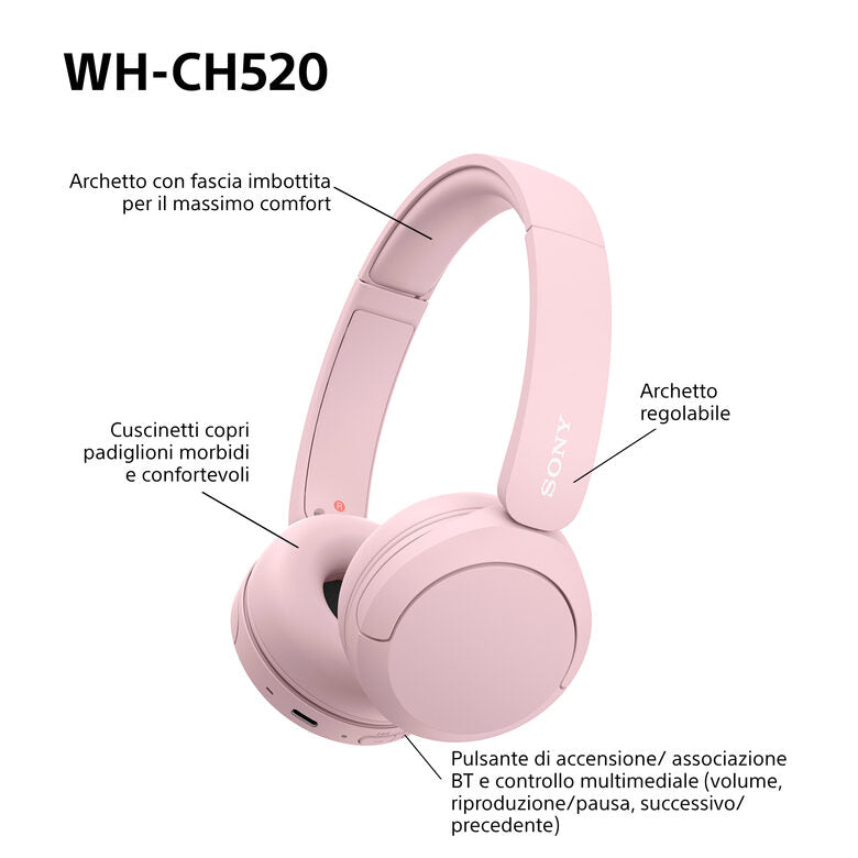 Sony WHCH520P.CE7 cuffia e auricolare Wireless A Padiglione Musica e Chiamate USB tipo-C Bluetooth Rosa