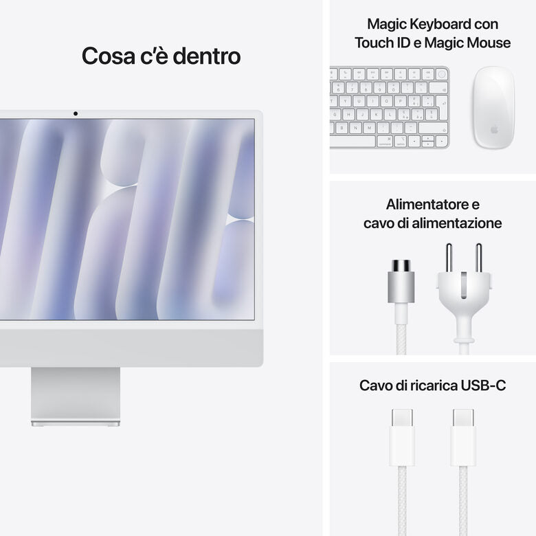 Apple iMac 24"Retina Display 4,5K, Chip M4 con CPU 10‑core, GPU 10‑core, 24GB, 512GB SSD, Argento