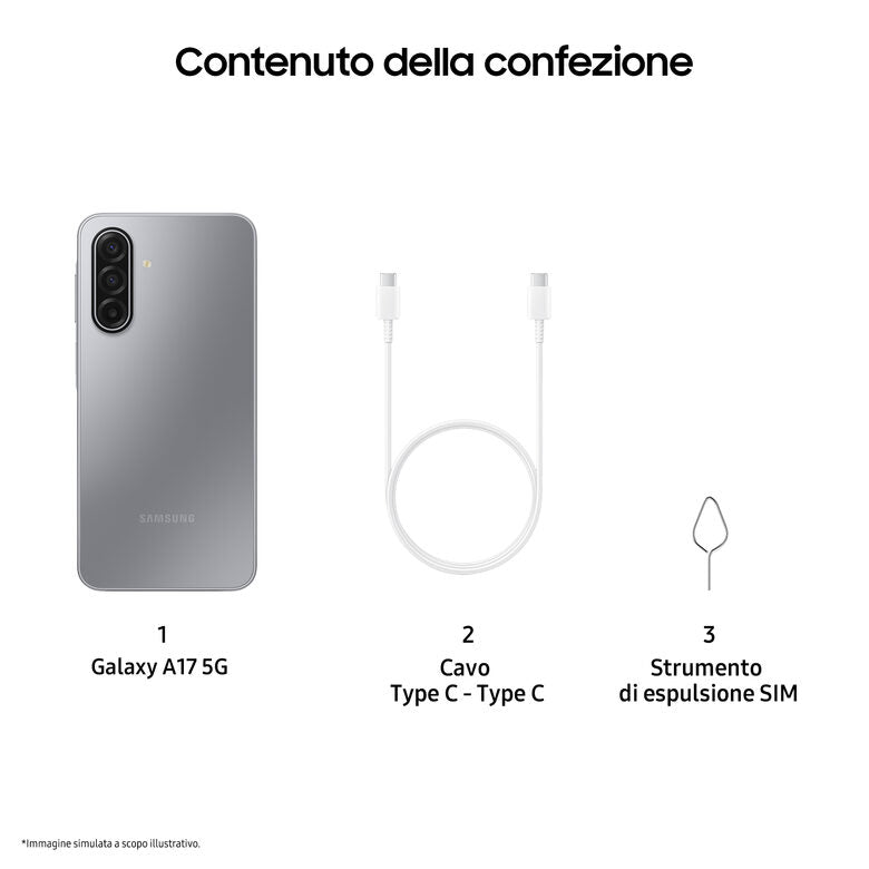 Samsung Galaxy A17 5G, Android 15, Display sAMOLED 6.7", 8GB RAM, 256GB, Batteria 5.000 mAh, Resistenza IP54, Memoria espandibile fino a 2TB, Gray